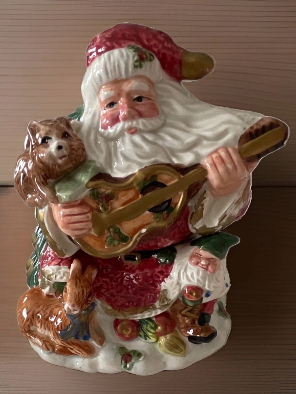 RARE Fitz and Floyd Forest Festival Santa Playing Guitar Ceramic Christmas Jar